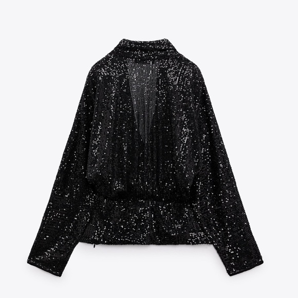 NWT Zara Draped Black Sequin Blouse - Picture 4 of 13